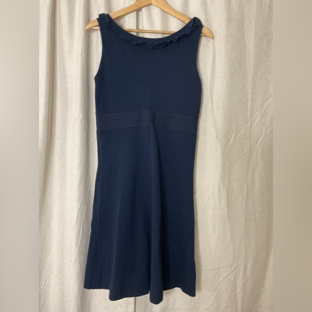 J Crew Piqué V-neck Ruffle Dress 2 V-Neck Navy Blue 100% Cotton - Picture 2 of 11